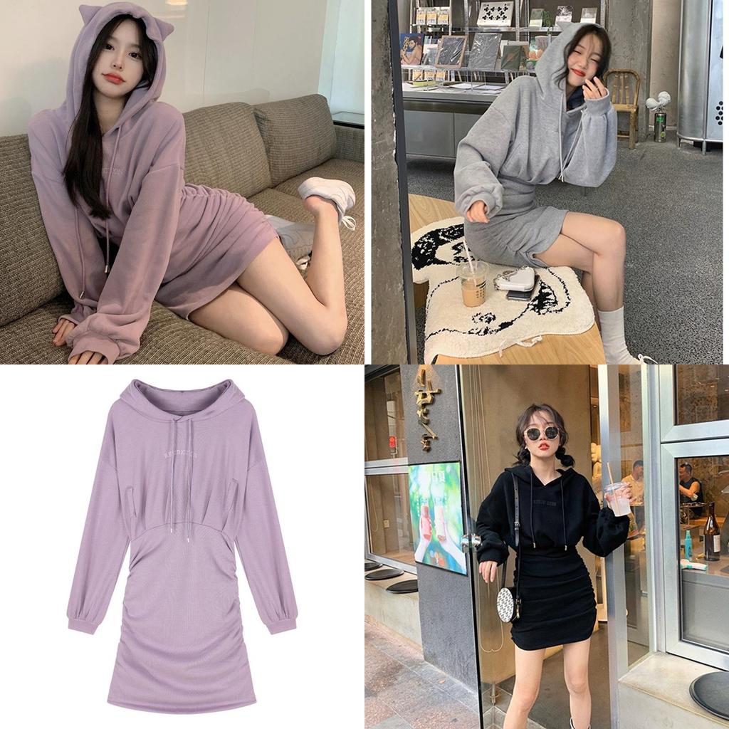 Korean Casual Hoodie Dress With Wrinkled Pencil Skirt Style For Autumn Women