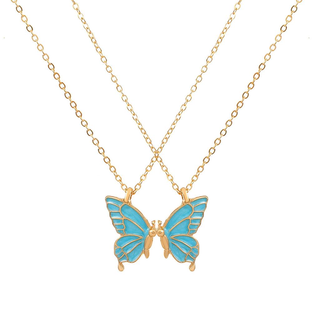 Split Butterfly Pendant Necklace Set Pink Enamel Matching Butterfly Necklaces for Best Friends