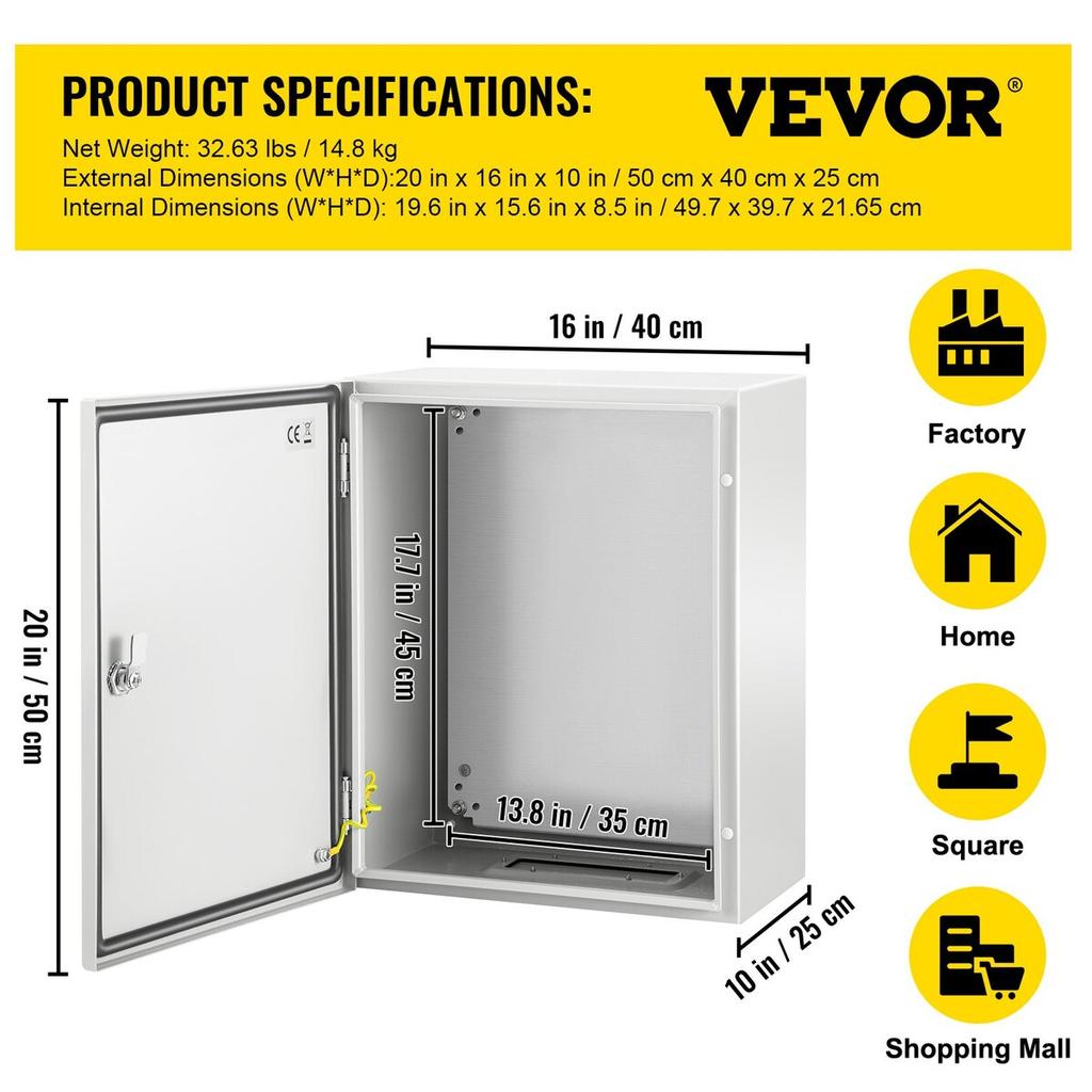 NEMA Steel Enclosure, 20 x 16 x 10\'\' NEMA 4X Steel Electrical Box, IP66 Waterproof & Dustproof, Outdoor/Indoor Electrical Junction Box, with
