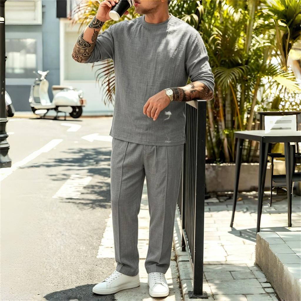Men's Casual Cotton Linen Long Sleeve Shirt and Drawstring Pants Set - Lightweight Breathable Vintage Outfit