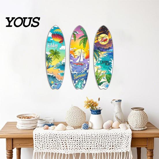 Beach Party Wall Decoration 3Pcs Wooden Surfboard Decor, Tropical Ocean Theme Hanging Sign, Coastal Style Home Accents for Living Room Bedroom Office