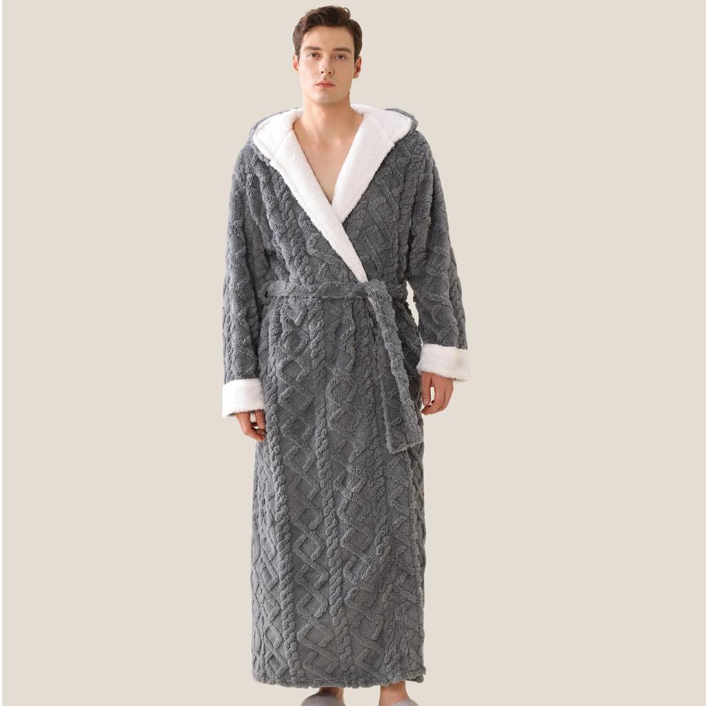 Women's Extra-Long Hooded Flannel Coral Fleece Bathrobe: Warm and Thickened for Couples