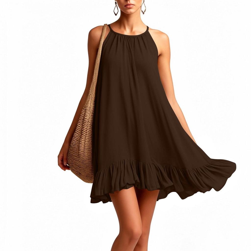 Spring Summer Sleeveless Pleated Halter Vacation Dress for Women