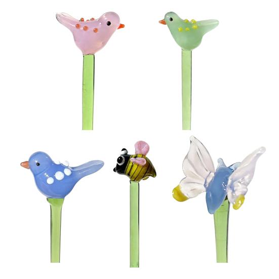 Handmade Mini Glass Animal Figurine Faux Crystal Small Bird Butterfly Bee Ornament with Stem for Home Office Tabletop Decor