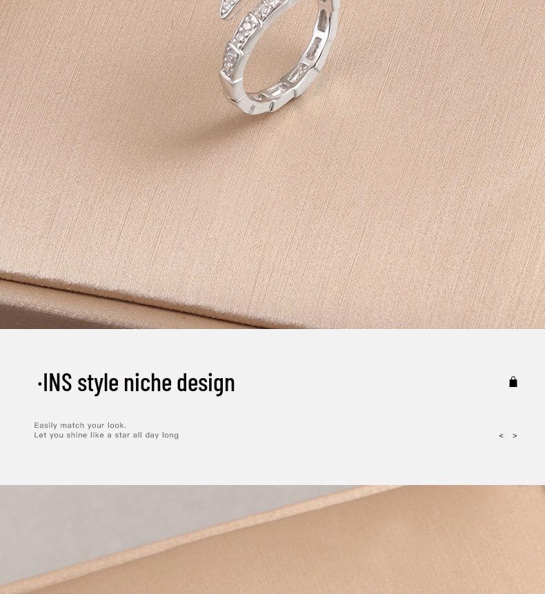 S925 Sterling Silver Snake Head Adjustable Open Ring for Women - Korean/Japanese Style Light Luxury with Full Diamond Shine