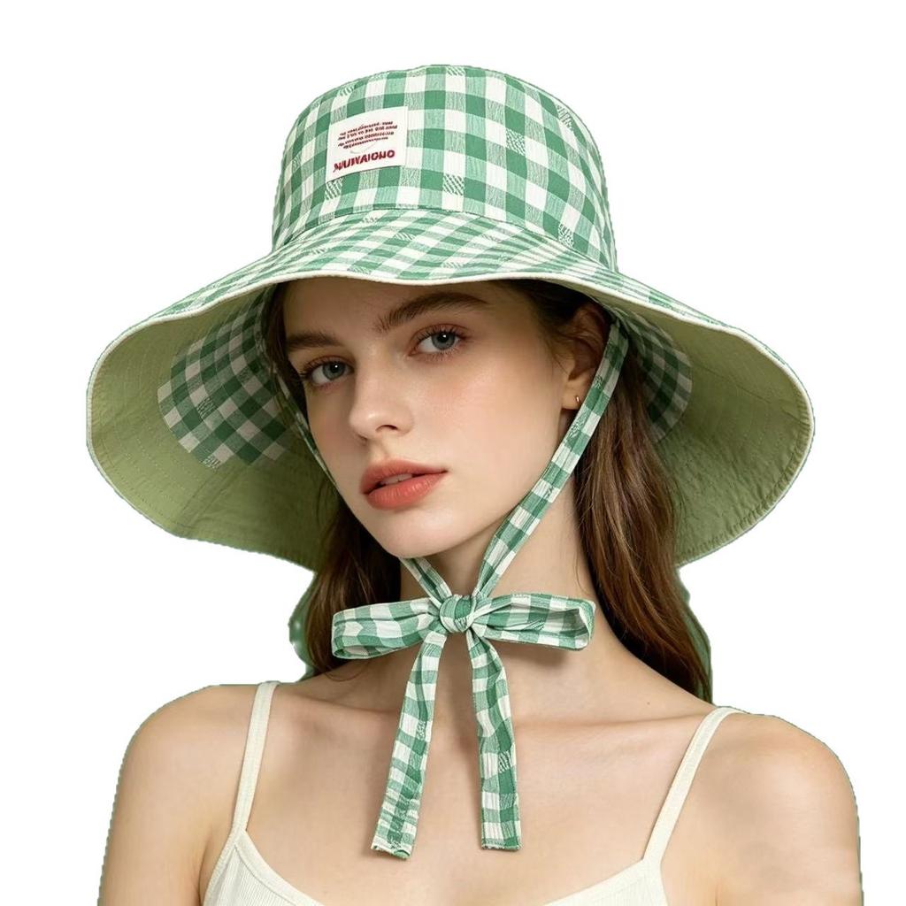 Chapeau seau à lacets à bords larges et à carreaux double face pour l'été, extérieur, polyvalent, protection solaire, doux, à carreaux de couleur contrastante, casquettes pour femmes