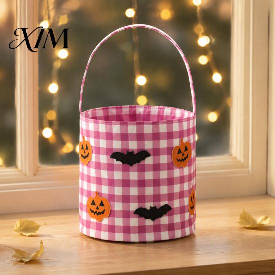 Große Kapazität Eimer Halloween Eimer, Süßes oder Saures Korb für Kinder Jungen Mädchen, Karierte Kürbis Taschen Fledermaus Geist Süßigkeiten Tragetasche mit Griff