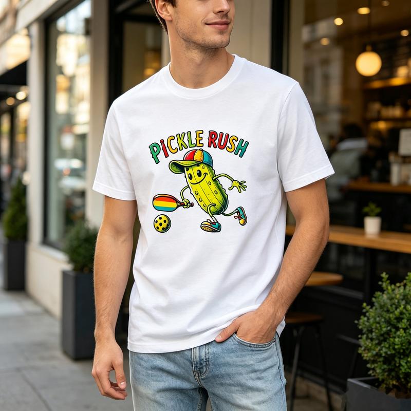 Pickle Rush Graphic TShirt Funny Pickle Cartoon Pickleball Paddle Print Black White Cotton Tee Casual Streetwear Unisex Unisex