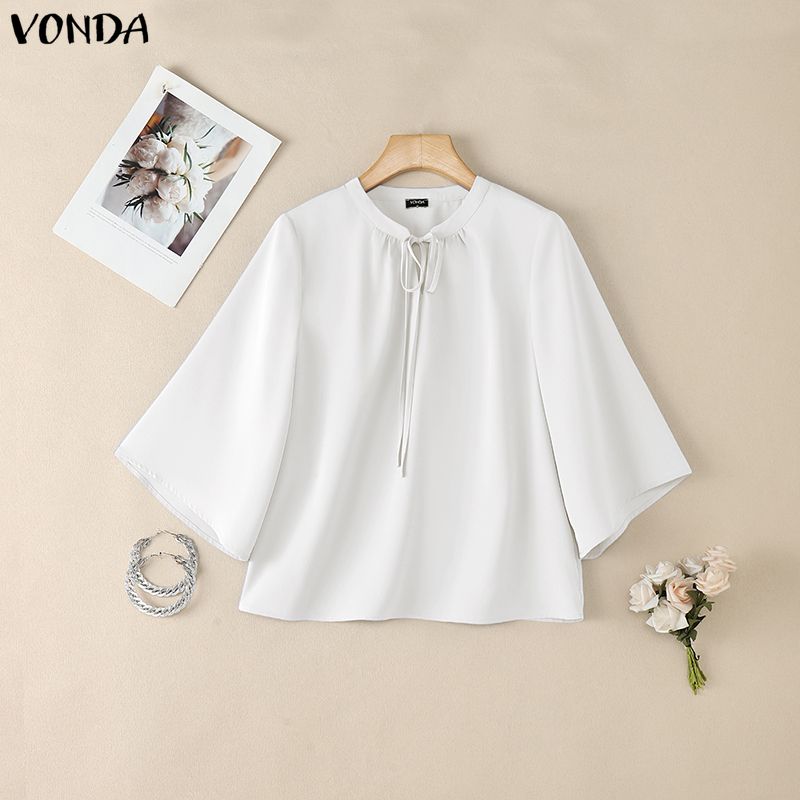 

VONDA Elegant Women Tie Neck 3/4 Sleeve Casual Loose Blouse Tops L белый
