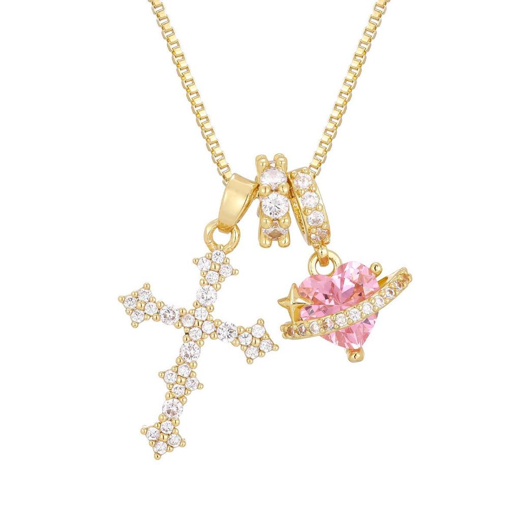 European & American Pink Zircon Cross Heart Necklace - Spicy Girl Clavicle Chain Jewelry