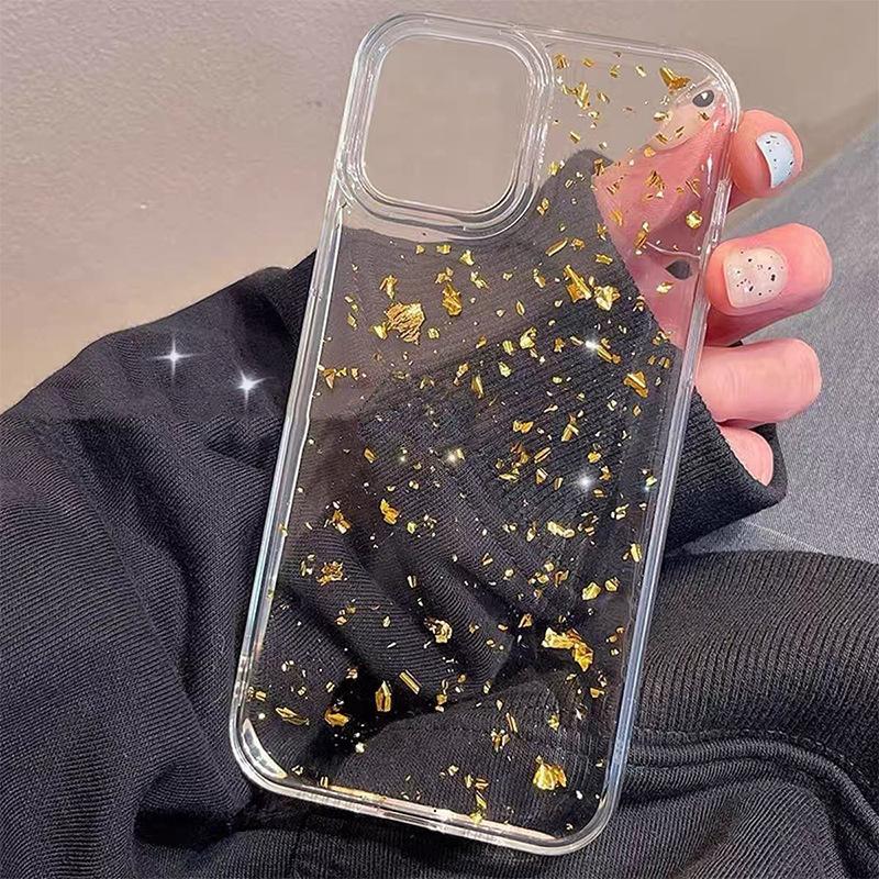 For IPhone17promax Gold Foil Sequin Phone Case for Apple 15plus Transparent Glue 16 Simple and Thin Model