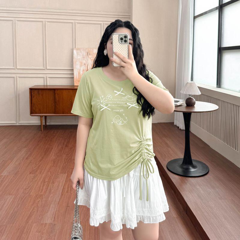 

Plus size women clothing [French style Sweet Shirt] Irregular Drawstring Pleat Short sleeve T-shirt Letters Bow Top