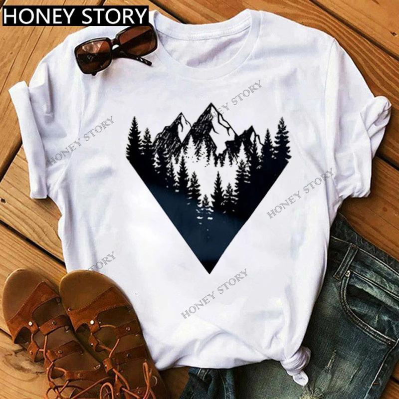 Mountain Print T-shirt Casual Harajuku T-shirt Beautiful Mountain Print Men's and Women's Trend Short Sleeve Summer polyester