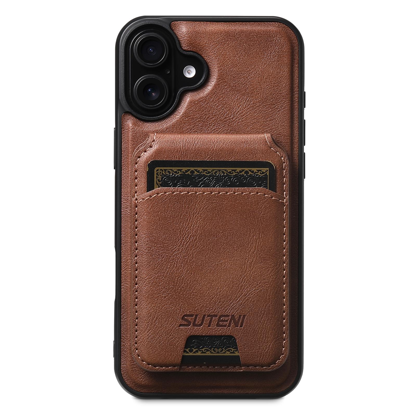 

SUTENI M5 For iPhone 16 Magnetic Case with Card Bag Cowhide Texture Leather Phone Back Cover Brown