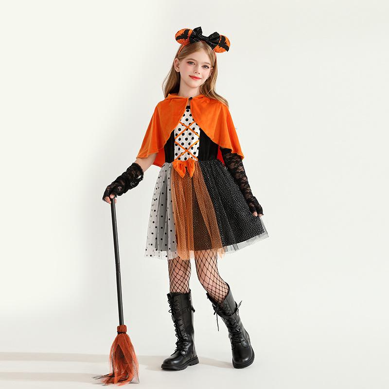 Halloween Children's Costume Pumpkin Witch Costume Witch Dress Cloak Shawl Star Dress Girls Show Costume