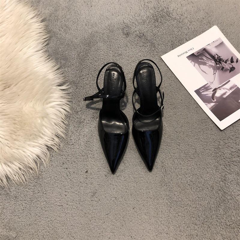 2025 spring and summer women's shoes pointed toe thin heel empty single shoes women's black medium and high heel temperament fashionable bag head san