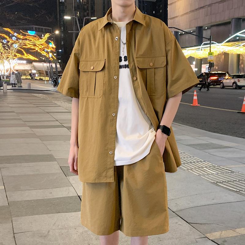 Men's Quick-Dry Outdoor Two-Piece Set: Lapel Short Sleeve Shirt & Loose Shorts