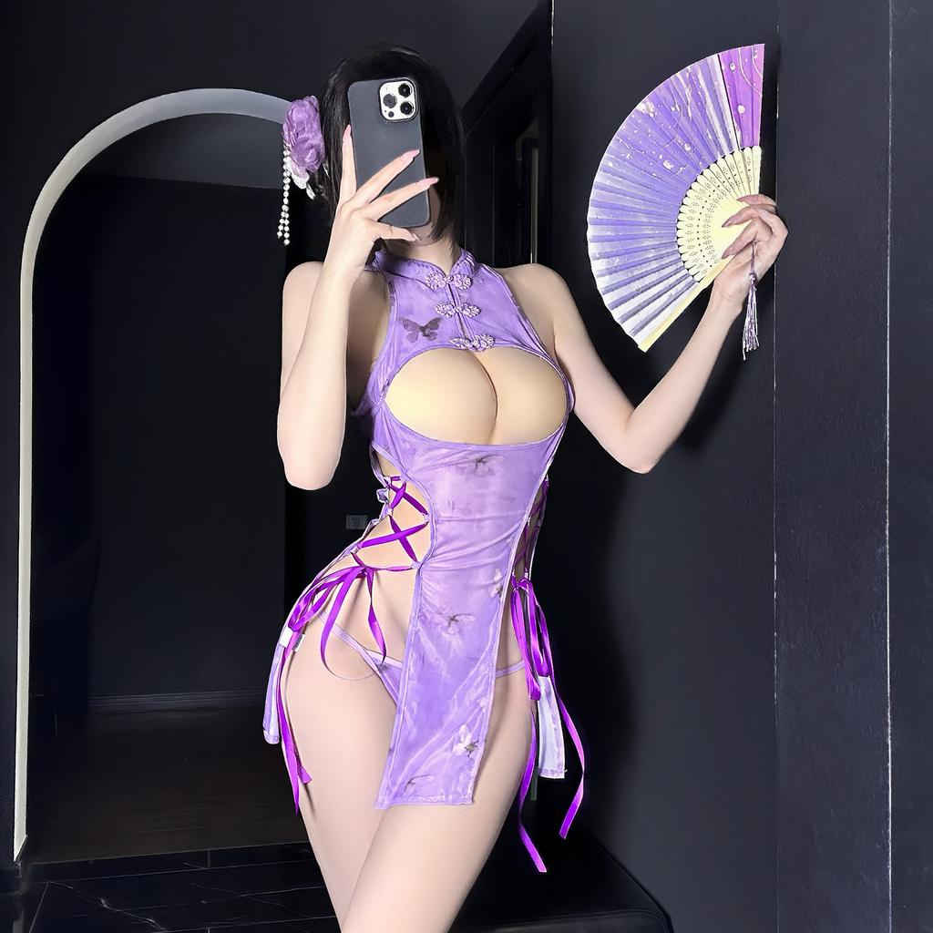 Sex underwear sexy pure desire wind leakage milk purple charm temptation side waist hollow strap charm cheongsam suit skirt