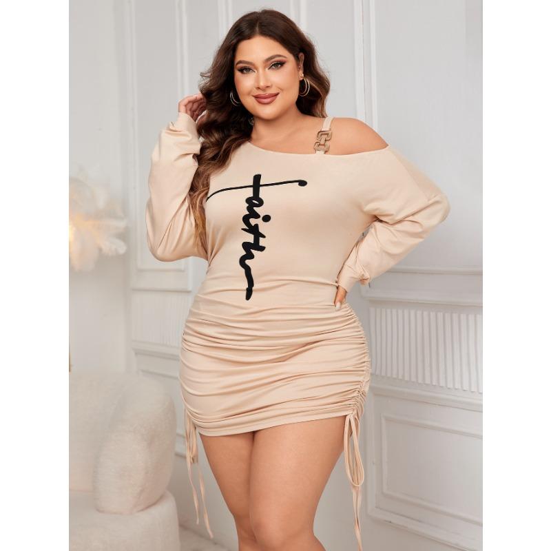 

Женское платье больших размеров с открытыми плечами, длинными рукавами, драпировкой на бедрах и принтом на завязках 4XL абрикосовый