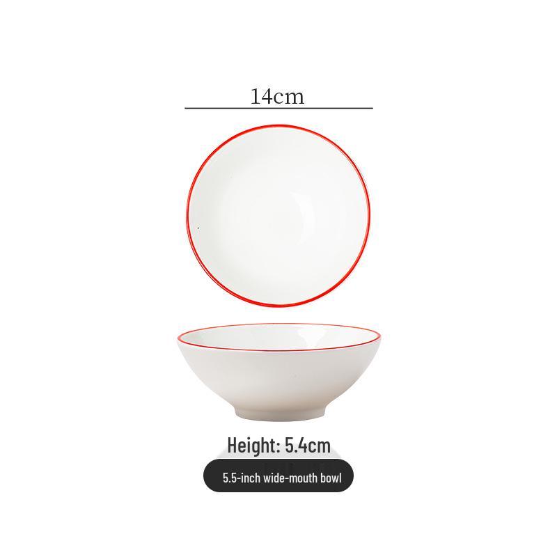 Retro Red-Edged Ceramic Bowl for Soup, Noodles, or Stir-Fry