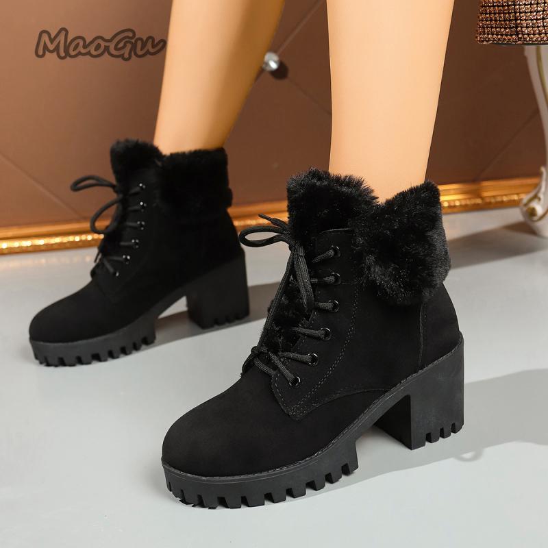 Fashion Faux Fur Lace Up Ankle Boots Warm Women 2025 Autumn Winter Fashion Solid Black High Heel Boots Warm Short Plush Booties Non-slip