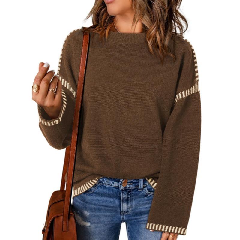 

Autumn Winter Long Sleeve Women s Knitted Pullover Sweater Solid Color Round Neck Loose Casual Simple Tops Plus Size Women s Clothing 3XL коричневий