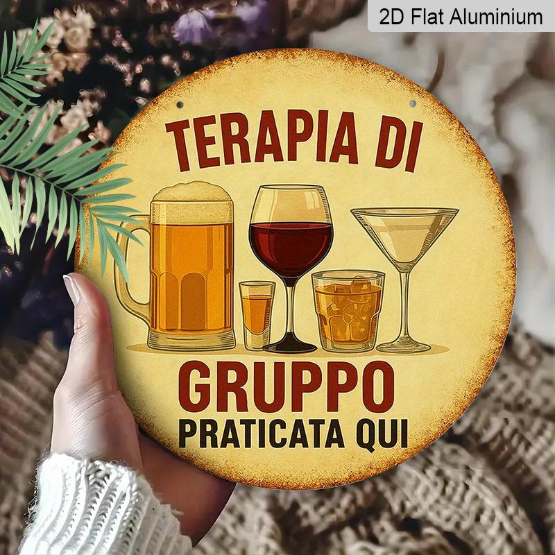 2D Flat, 1pc 7.87inchs Round Aluminum Sign, "Group Therapy Practiced Here" Funny Bar Quote, Vintage Beer & Wine Glass Metal Wall Art, Retro Aesthetic