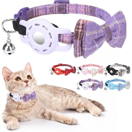 Airtag Cat Collar with Bells and Bowtie -Safety Elastic Band Kitten Collar for Apple Air Tag Holder- Cute GPS Cat Tracker Collars for Girl Boy Cats