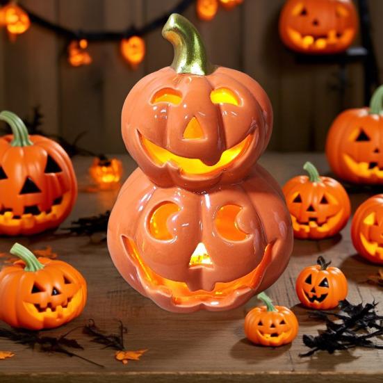 Yousheng Light Up Halloween Decoration Ceramic Carved Pumpkin Skull Bat Figurine LED Tabletop Ornament for Halloween Home Shelf Desk Decor