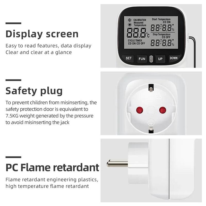 Digital Temperature Controller Socket Outlet EU Plug Thermostat With Timer Sensor Probe Heating Cooling Switch 16A Backlight