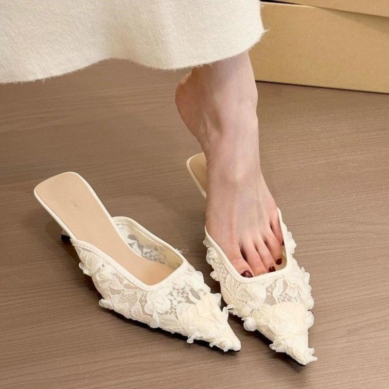 Spring Summer Pointed Toe Women Muels Slippers Fashion High Heels Party Dress Ladies Flower Slides Shoes