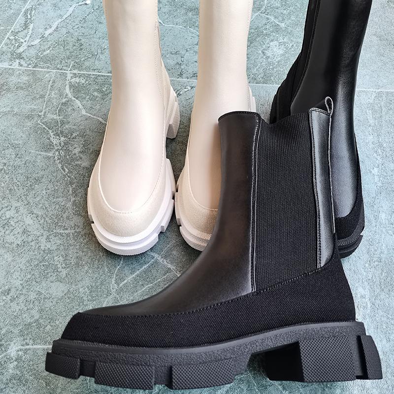 Dámské Béžová Černá Střední kozačky Jaro Podzim Přírodní kůže Hovězí kůže Šití Chelsea Boots Boty