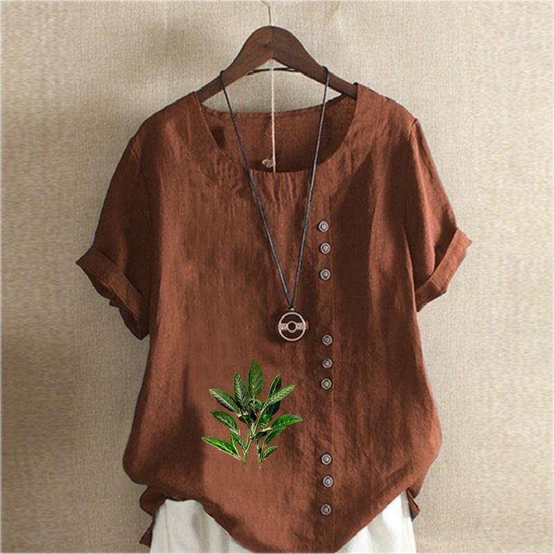 Women's Fashion Green Leaf Prined Round Neck Short Sleeve T-shirt Casual Cotton Linen Graphic Shirt Leisure Loose Summer Blouse Tops