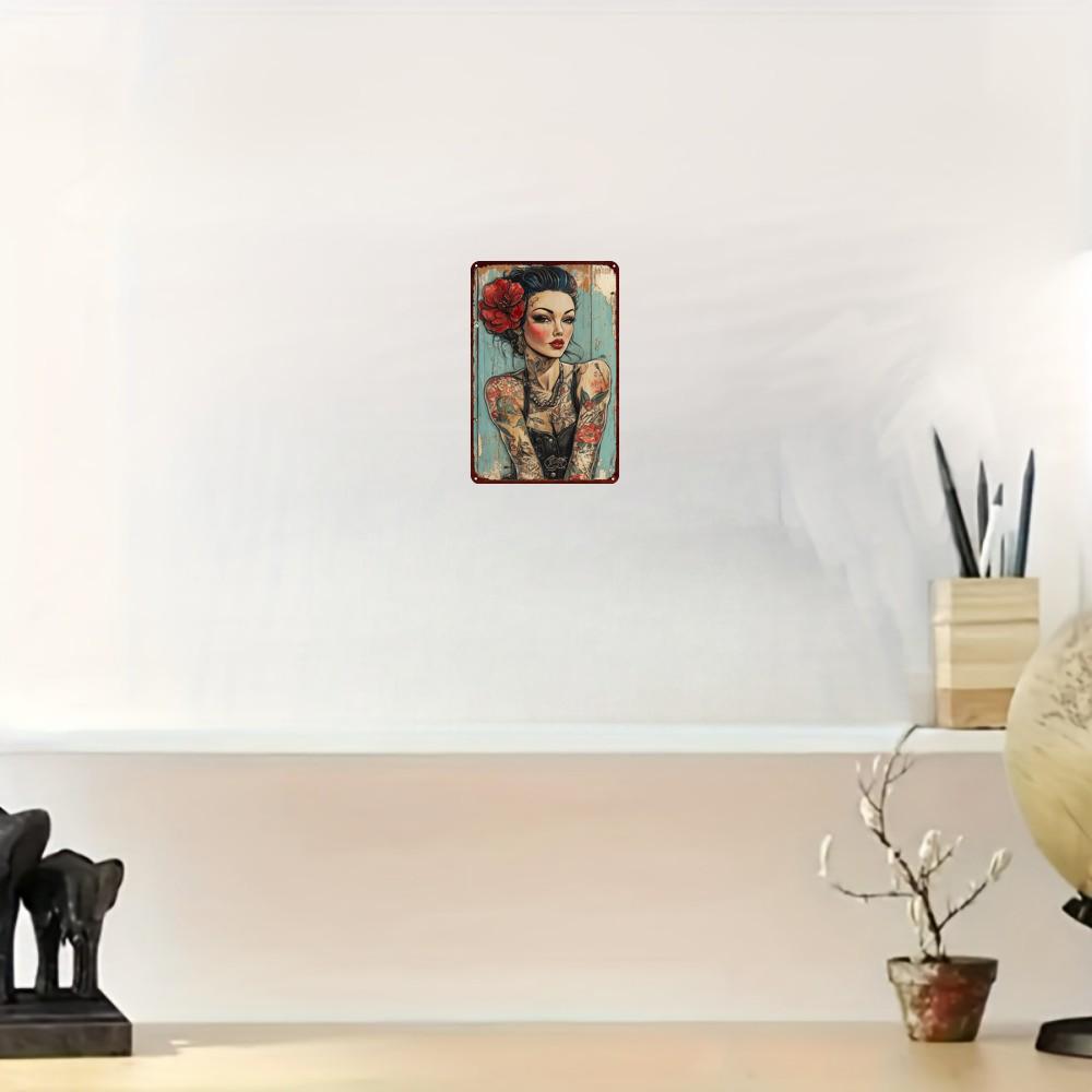 Metal Decor Painting Tattooed Woman with Red Flower