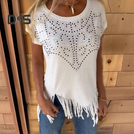 Women T-shirt Round Neck Short Sleeve Tee Shirt with Hot Rhinestones Printing Tassel Hem Solid Color Pullover Tops Daily Wear