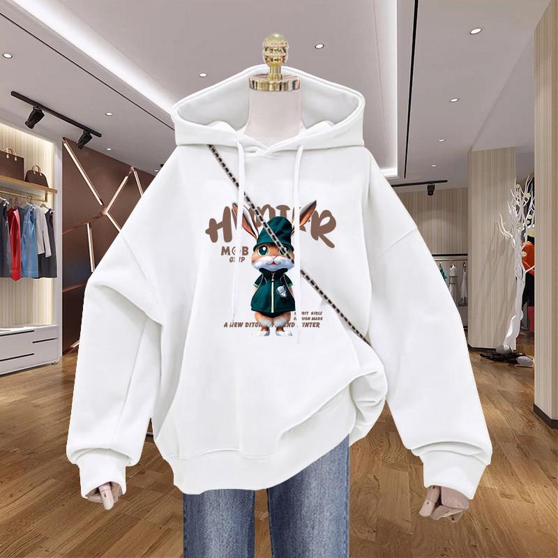 Women's Cartoon Print Fleece-Lined Hooded Sweatshirt - Stylish, Cozy, Loose-Fit, Couple-Friendly Outerwear