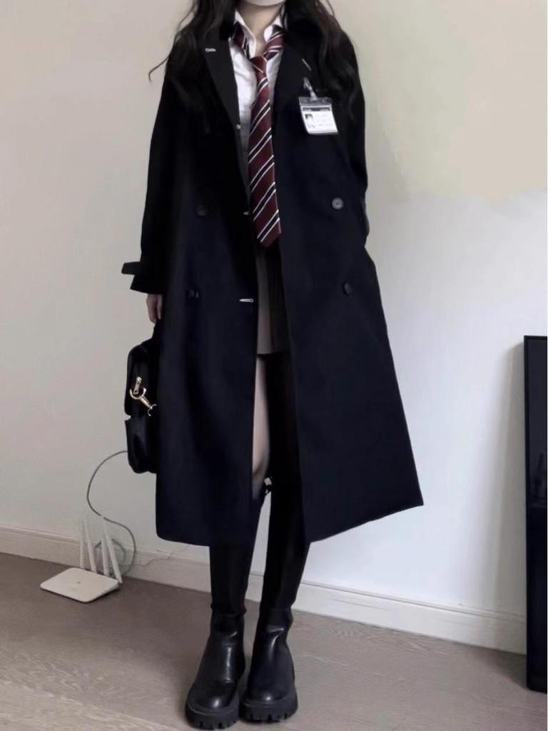 Women's Black Mid-Length Trench Coat - 2023 Spring/Autumn, School Uniform JK Korean Style, Petite Fit.