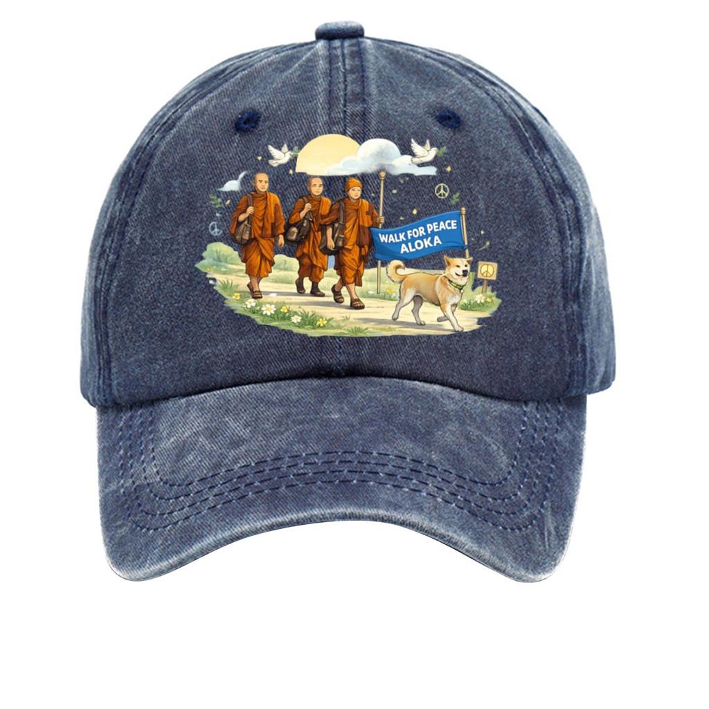 Washed Cotton Baseball Cap with Printed Distressed Soft Top Denim Hat, Vintage Hat