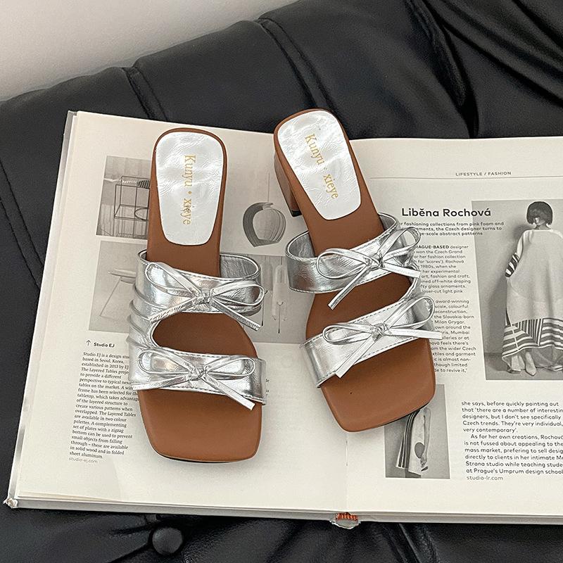 French square head bow with skirt slope heel cool slippers women's summer wear casual square and fashion one-word drag