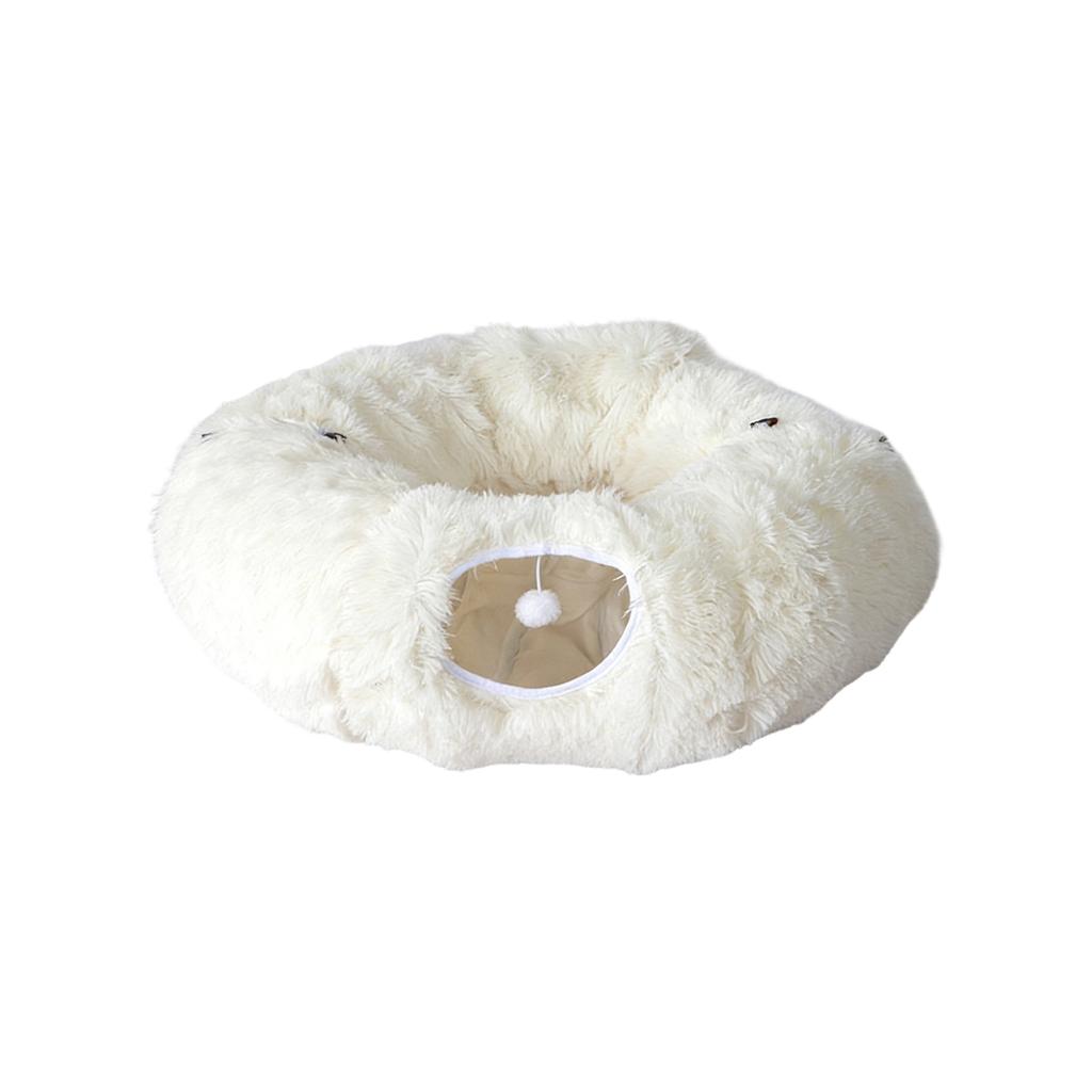 Plush Foldable Donut Cats Tunnel - Warm PV Fleece Cats Cave With Hanging Pom-Pom Toy, Self-Entertaining Pet Hideout & Rest Bed For Cats