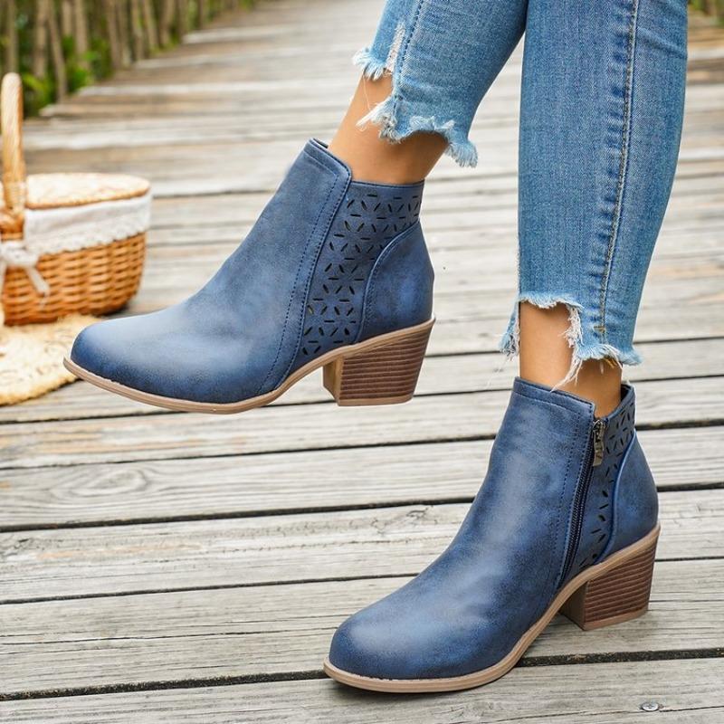 Damen Spitzschuh Blockabsatz Leder Stiefeletten Neue Herbstkollektion Ausgeschnitten Einfarbig Britischer Stil