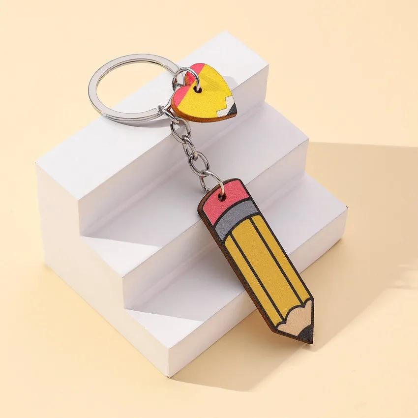 Creative Cartoon Pencil Keychains Wooden Colorful Pencil Heart-shaped Tag Keychains Present for Students Teachers