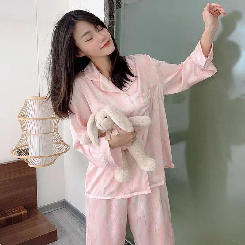 Sexy Nightwear Women Water Wave Pattern Fashion Pajamas Ladies Home Wear Two-Piece Cardigan Long-Sleeved Sleepwear Autumn Winter