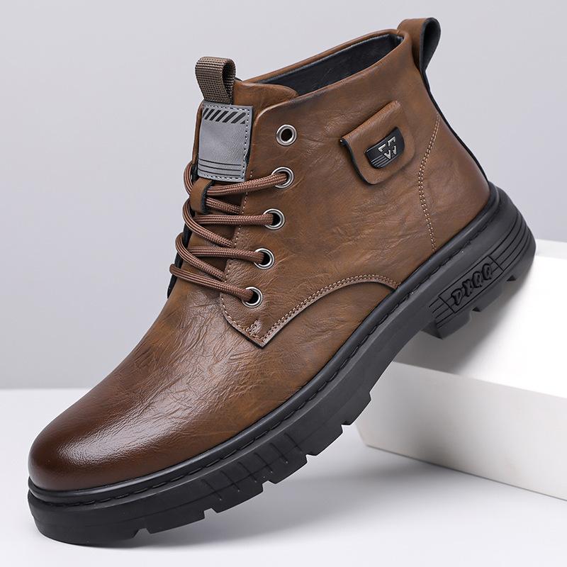 Autumn and Winter Men's Platform Leather Shoes Men's Cotton Shoes Velvet Warm Snow Boots Martin Boots Leather Boots