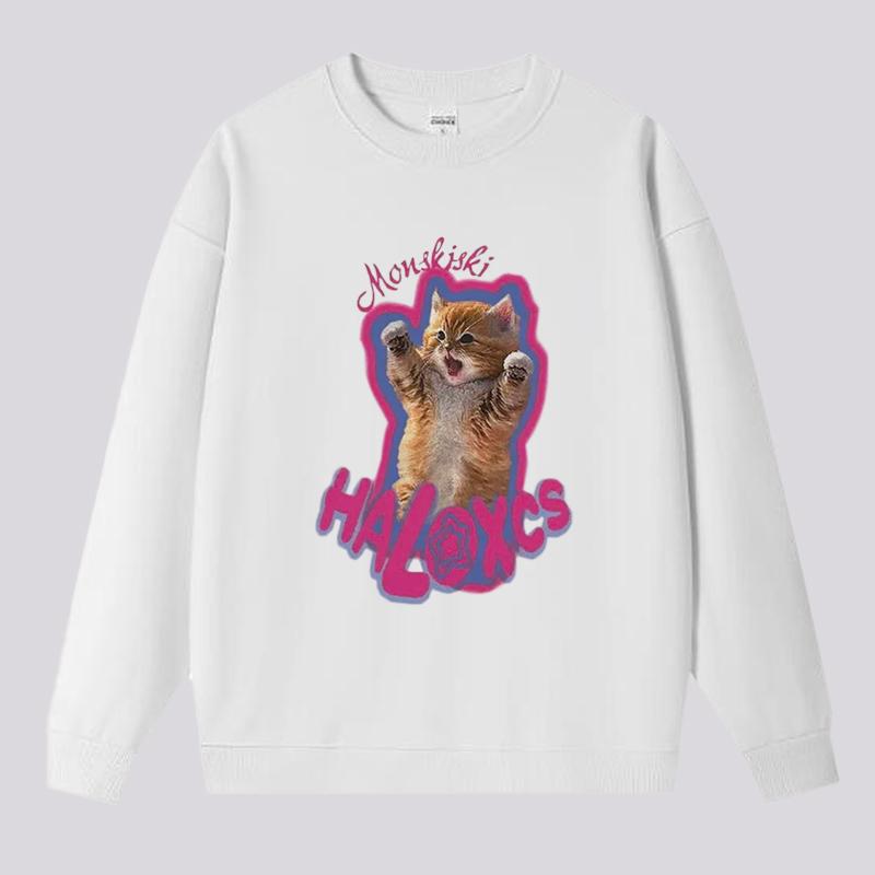 2024 Женская мода Повседневная толстовка с длинным рукавом и круглым вырезом Милый топ с рисунком кота XS