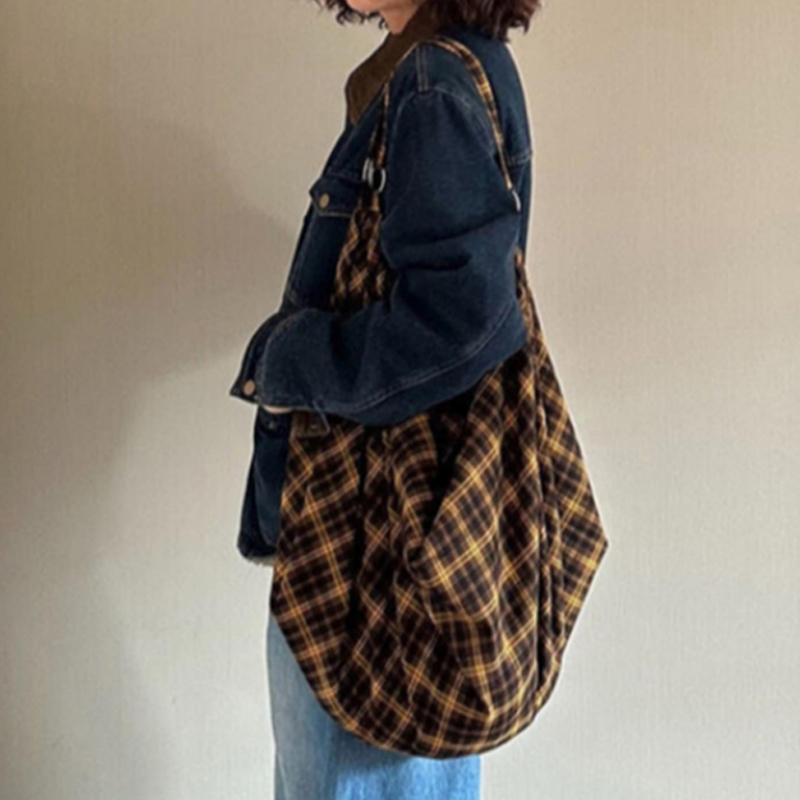 Vintage Karomuster Große Kapazität Trendiger Lässiger Tragetaschen-Rucksack Vielseitige Handtasche Übergroße Canvas Achseltasche Schottischer Stil