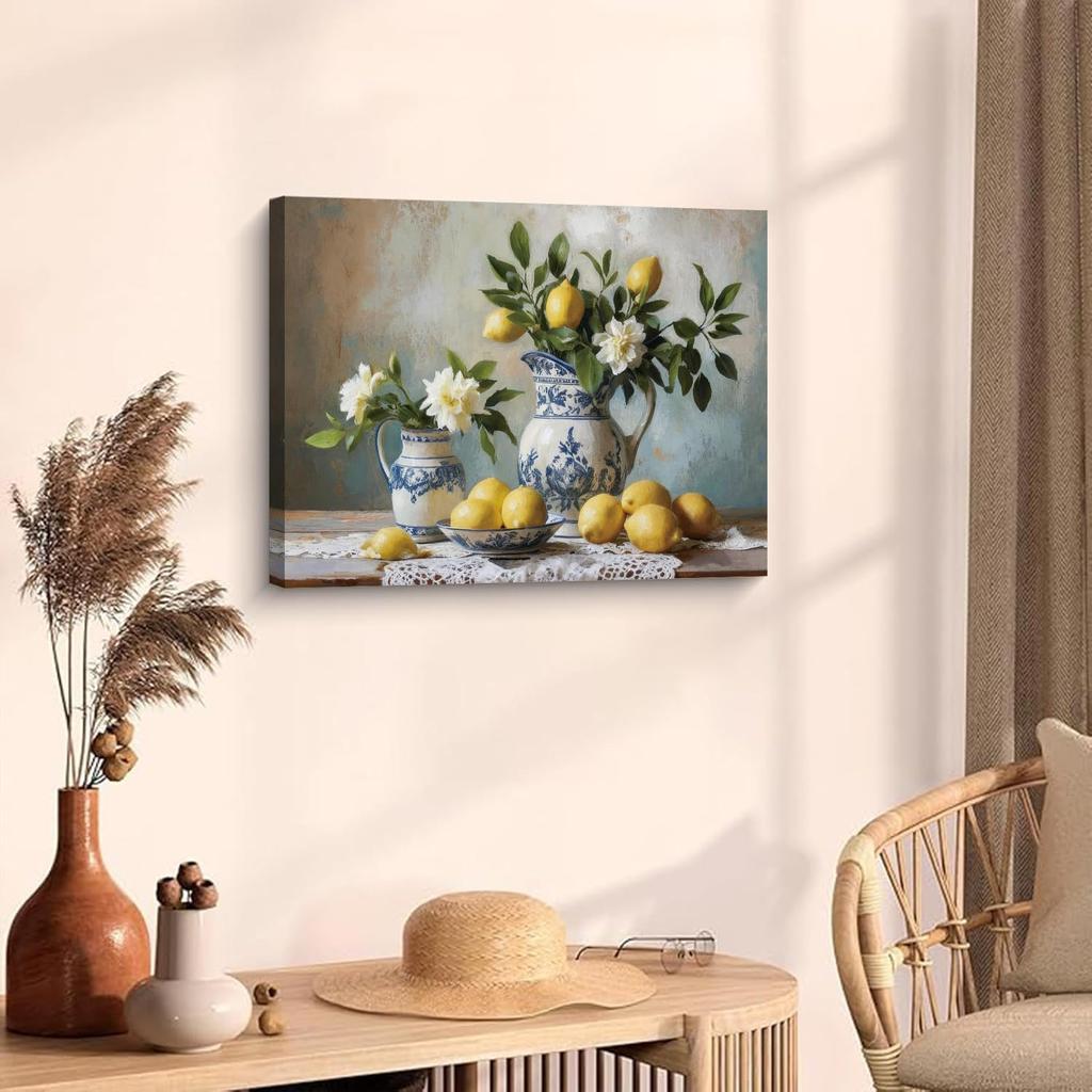 Vintage Floral Pattern Wall Decor, Fruit Porcelain Canvas Poster Framed, Framed Artwork, Suitable for Bedrooms, Home Offices