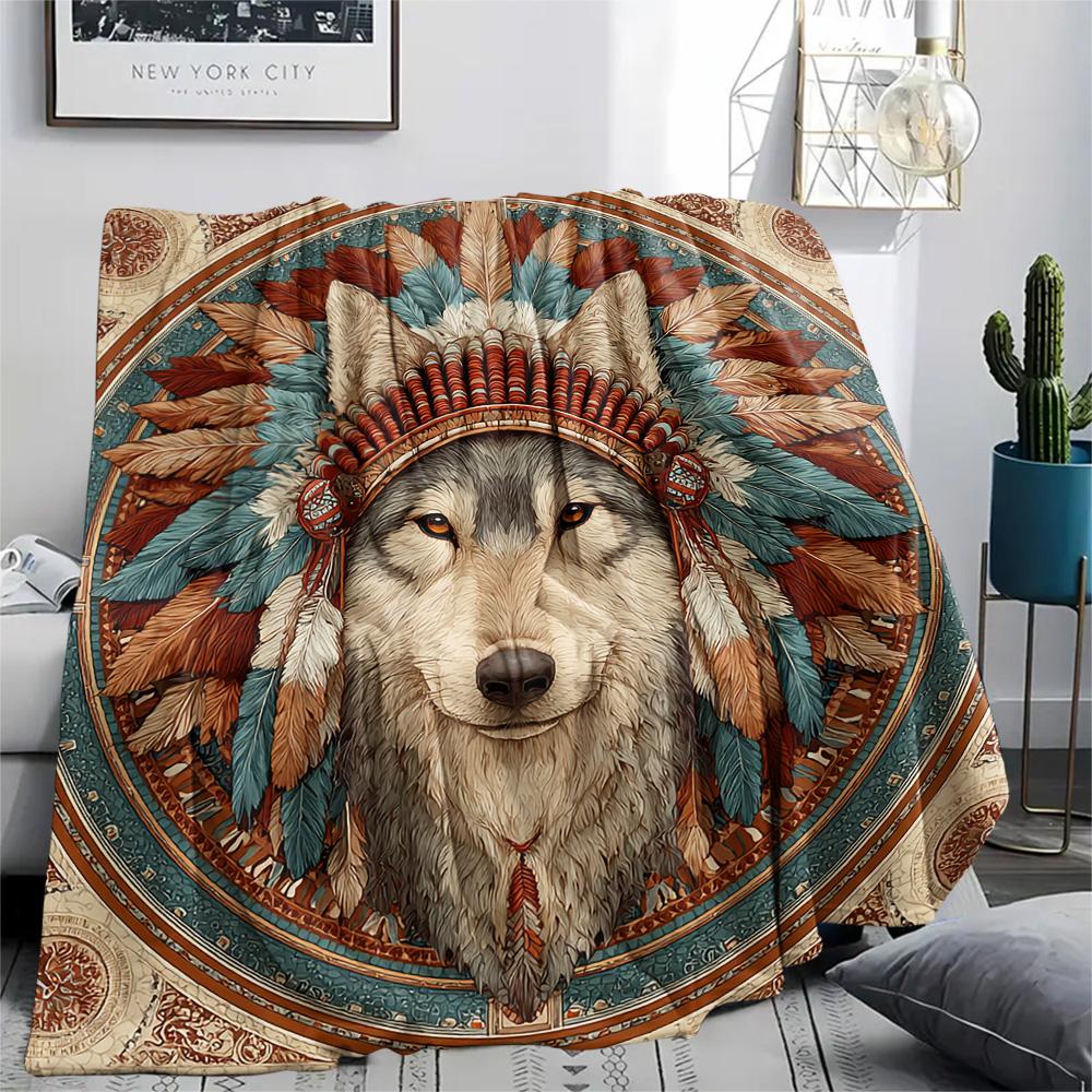 Primitive Wolf Print Flannel Blanket, High quality Comfortable for All Seasons, Home Decor, Warmth and Comfort, Perfect for Christmas Gifts