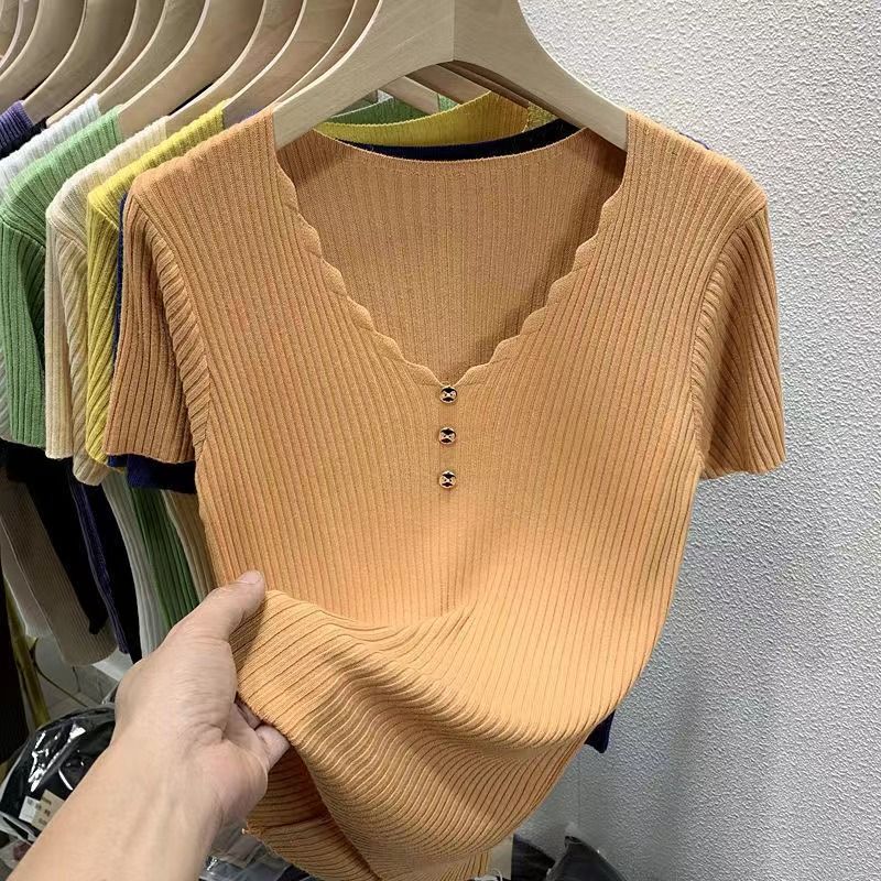 Ice Silk Short Sleeve T-shirt Women's 2025 New Summer Style Slim Short White V-neck Sweater Short-sleeved Top