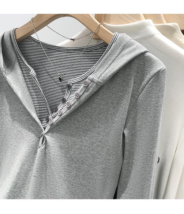 Korean Style Faux Two-Piece Hooded T-Shirt for Women, Slim-Fit & Flattering, Autumn/Winter 2026